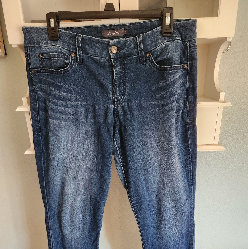 Dark wash skinny jeans, ankle length